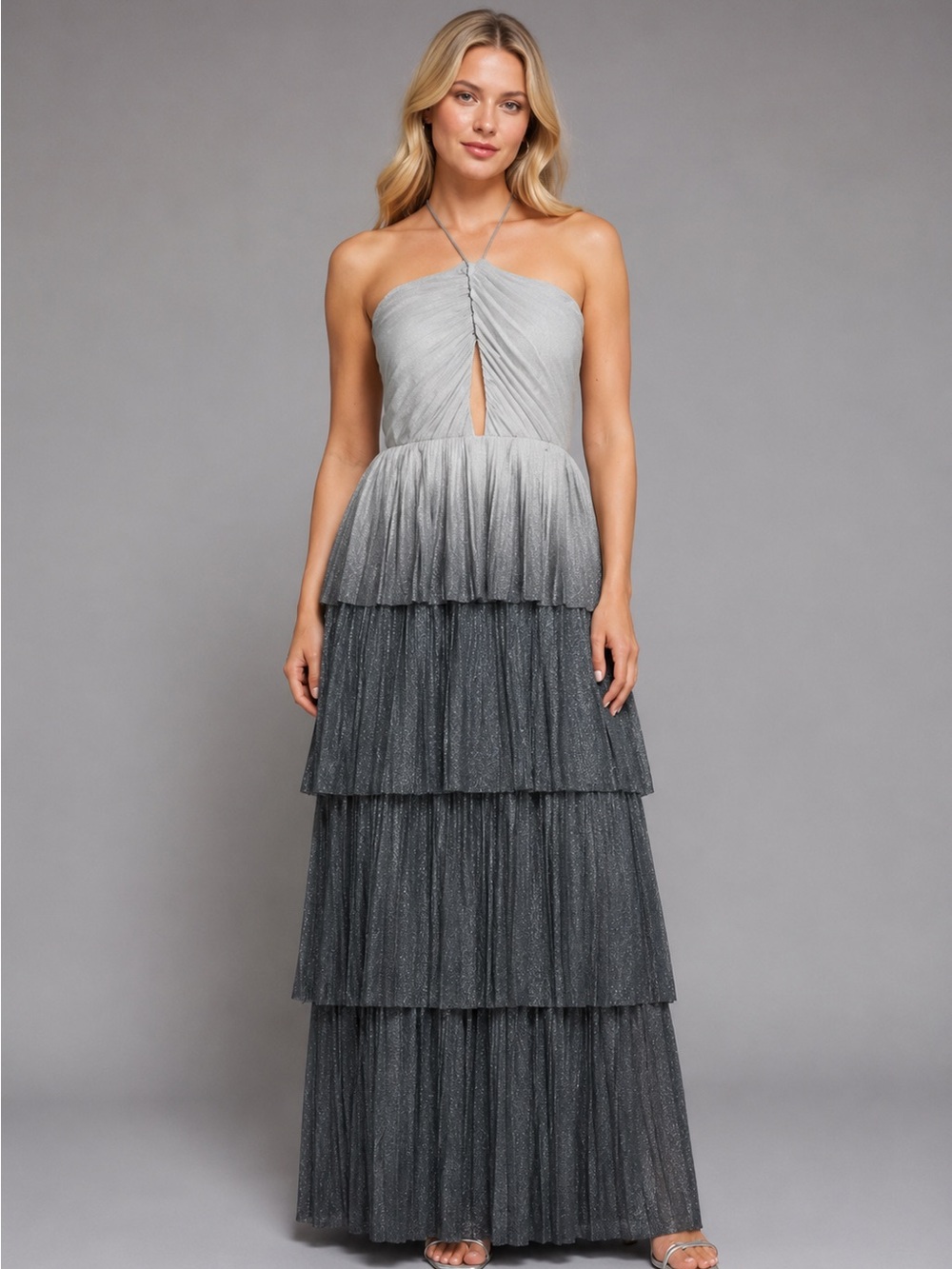 Line & Dot Oracle Silver Gray Ombré Pleated Maxi Dress L